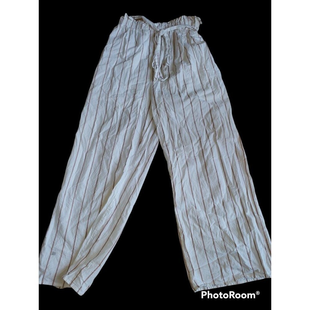 FAVLUX Paper Bag Waist Pants White Beige Stripes Size 1X Wide Leg Elastic Waist